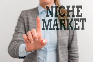 Word writing text Niche Market. Business photo showcasing Subset of the market on which specific product is focused Digital business concept with business woman