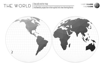 Polygonal world map. Mollweide projection interrupted into two hemispheres of the world. Grey Shades colored polygons. Neat vector illustration.