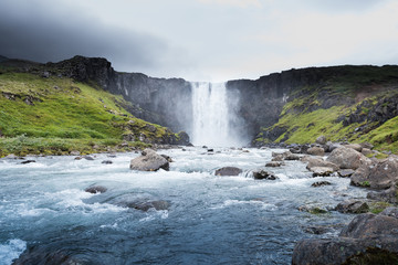 Beautiful view of Gufufoss, a waterfall in Seydisfjordur, Iceland