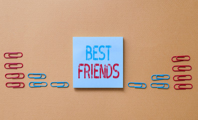 Word writing text Best Friends. Business photo showcasing A demonstrating you value above other demonstratings Forever buddies Colored blank sticky note clips gathered trendy cool pastel background