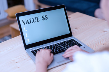 Word writing text Value Dolar. Business photo showcasing the worth of the process id of the currently running process woman laptop computer smartphone mug office supplies technological devices