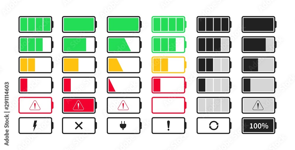 Poster vector battery charge indicator icons collection. set charging level battery energy icon.