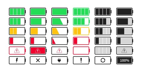 Vector battery charge indicator icons collection. Set charging level battery energy icon.