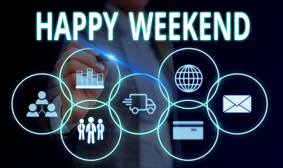Handwriting text Happy Weekend. Conceptual photo Cheerful rest day Time of no office work Spending holidays Woman wear formal work suit presenting presentation using smart device