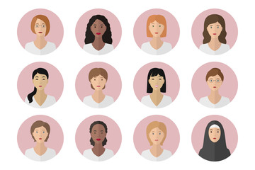 Woman profile avatars. Icon set. Vector.