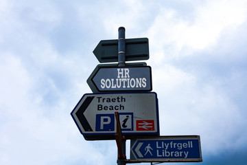 Text sign showing Hr Solutions. Business photo text Outsourced Huanalysis resources consultancy and support Experts Empty street signs on the crossroads with blank copy space