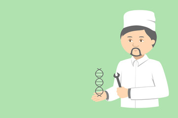 Scientist hold DNA helix and spanner in his hands. Poster with copy space. Vector illustration.