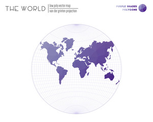 Abstract world map. Van der Grinten projection of the world. Purple Shades colored polygons. Creative vector illustration.
