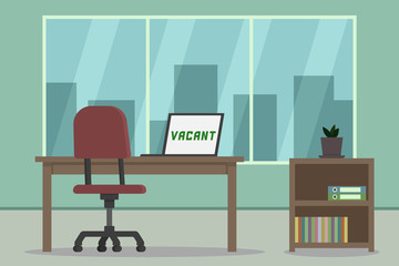 Office vacancy. Back view of working desk. Vector illustration.
