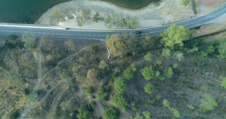 Aerial Top Down view of Mina de São Domingos, Tapada Grande River Beach lagoon, famous tourist destination, Alentejo, Portugal.