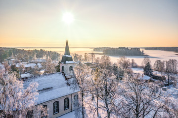 Fototapeta premium Aerial view of the church in winter