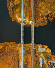 Aerial view of the railroad bridge over the river