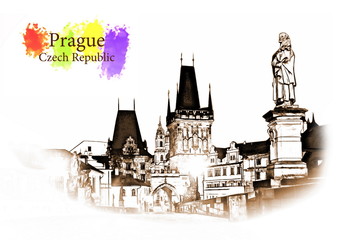 Praha, Czech Republic - Vintage travel sketch.