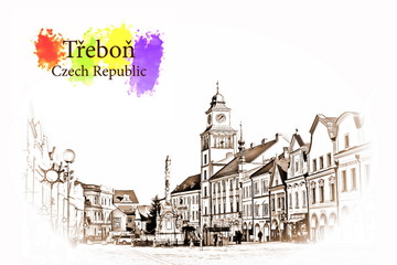 Obraz premium Downtown in Trebon, Czech Republic - Vintage travel sketch.