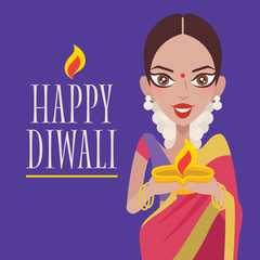 Happy Diwali. Beautiful Indian woman hands holding diya oil lamp, celebrating diwali, traditional sari prayer for deepavali - vector character