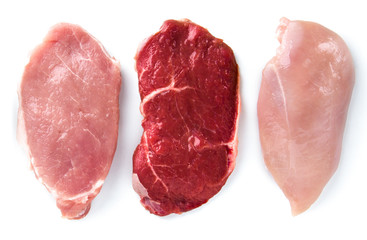 Meat collection on white background. Beef, pork, chicken, isolated on white. Meat steaks. Set of natural food. Top view. Flat lay.