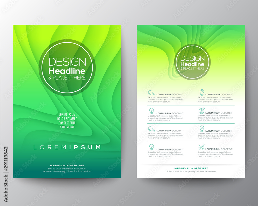 Wall mural green flyer design template. minimal abstract curved wave shape on green gradient color background. 