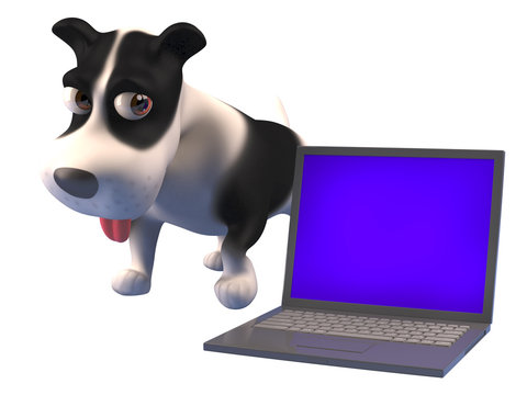 3d cartoon puppy dog character standing next to a laptop computer device, 3d illustration