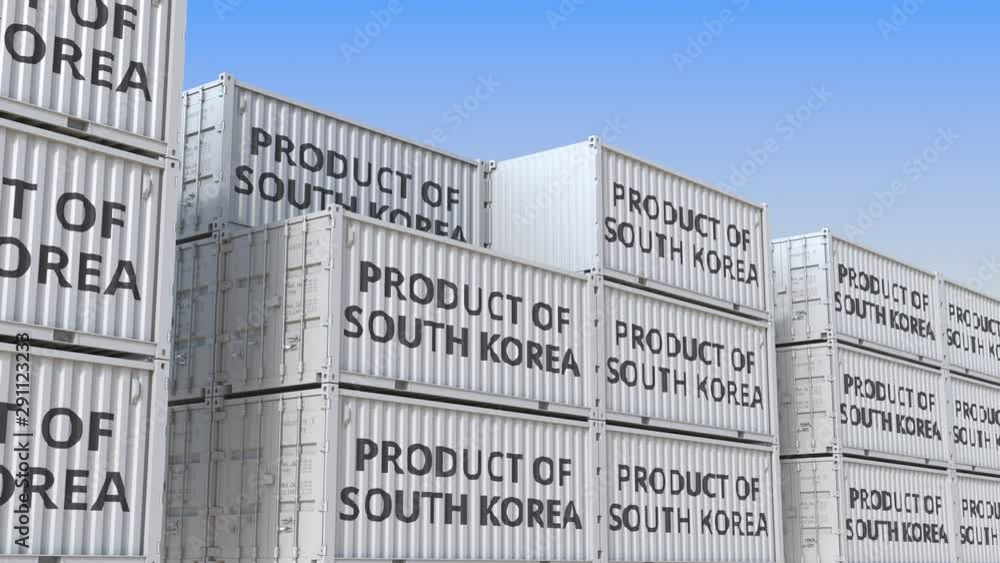Aufkleber containers with product of south korea text. korean import or export related loopable 3d animation