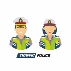 Set Illustration of man and woman traffic police officer on duty for traffic safety with green vest and uniform