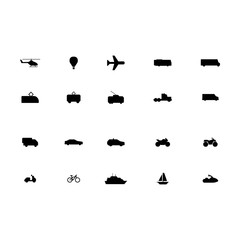 Set of transport: helicopter, balloon, airplane, bus, tram, train, trolleybus, tram, large truck, small truck, car, sports motorbike, ATV, scooter, bicycle, large ship, sailing boat, hydrocycle.