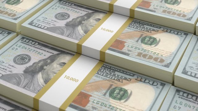 Close-up endless loopable moving stacks of banknote new sample dollars. Concept business success, finance, banking. 3d Animation 4k Ultra HD 3840x2160.