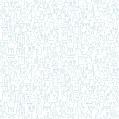 Chemistry science lab seamless pattern background. Education set. Laboratory research equipment. Outline contour light coloured line.