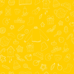 Vector seamless pattern with hand draw hygge christmas outline item illustration in doodle cartoons style for wrapping, textile or post card