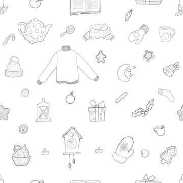 Vector seamless pattern with hand draw hygge christmas outline item illustration in doodle cartoons style for wrapping, textile or post card