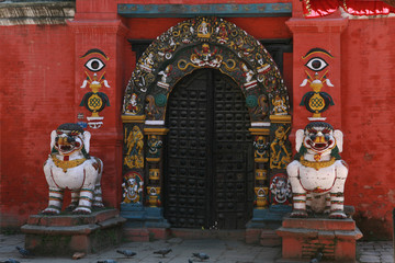 KATHMANDU, NEPAL. 23 September 2008:   Taleju Temple, the entrance to the temple is guarded by white lions-dogs 