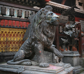 KATHMANDU, NEPAL. 23 September 2008:  The ancient bronze statue of the fire-breathing Lion is...