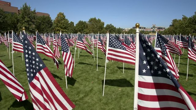 Walking through rows of American Flags blowing in the wind filling park at memorial in Utah for 9/11.