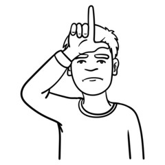 sad loser. comic boy with hand as L on head. outline, vector, depression, geek.