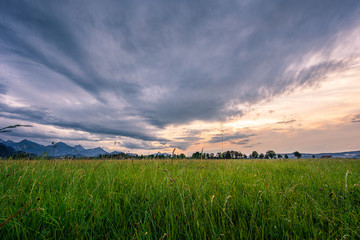 Dramatischer Sonnenaufgang auf dem Feld