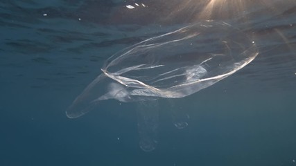  Plastic pollution, Discarded plastic glove slowly drifting under surface of blue water in the sunset light. Transparent plastic glove floats in Mediterranean Sea, Europe. Slow motion