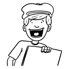 outline drawing of a newspaper boy holding a blank newspaper in his hand and screaming. upper body, room for text, old cap, comic.