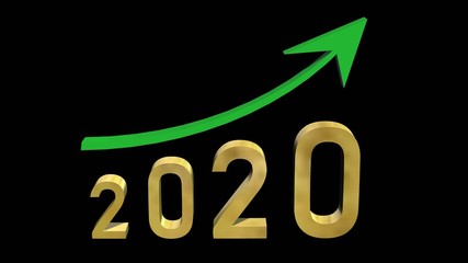 Year 2020 in golden digits under a green ascending arrow - isolated on black background - 3D illustration