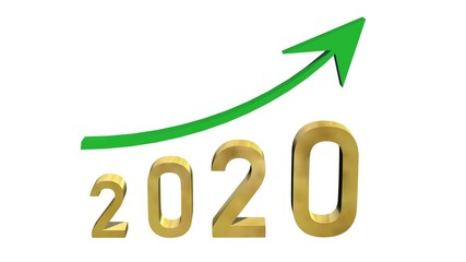 Year 2020 in golden digits under a green ascending arrow - isolated on white background - 3D illustration