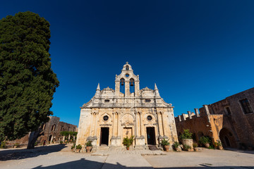 Front facade of the Monastery of Arkadi (Mon&iacute; Arkad&iacute;ou), an Eastern Orthodox monastery located next to Rethymno, North Crete, Greece