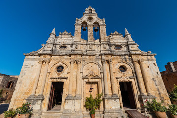 Front facade of the Monastery of Arkadi (Moní Arkadíou), an Eastern Orthodox monastery located...