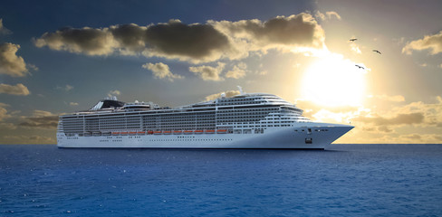Sunset and cruise ship in the sea, beautiful sky and birds.