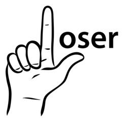 comic illustration of a hand showing the letter L. Loser text, outline, vector, symbol, fail, monochrome.