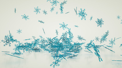 lot of blue three-dimensional snowflakes on a white background. 3d rendering illustration