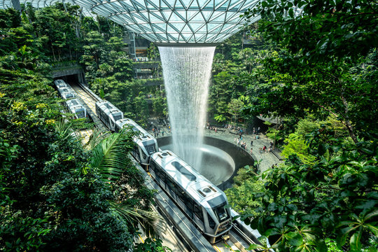 Singapore, Aug 4, 2019 - Jewel Changi Airport is development to the world's best airport and destination, It has a 40m waterfall inside the building, The Rain Vortex located inside and shopping mall