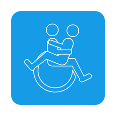 Icono plano lineal sexo en silla de ruedas en cuadrado color azul