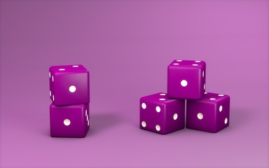 Purple cubes dices on pink background. Minimalism concept . 3d render illustration