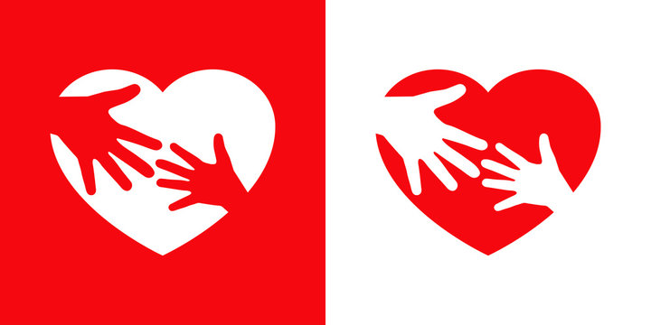 Logotipo con coraz&oacute;n con 2 manos diferentes en rojo y blanco