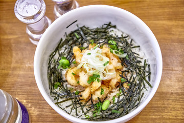 Japanese dish Donburi with chicken is in a special plate