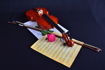 Violin with sheet music and pink rose on black background
