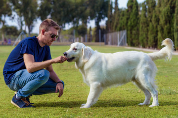 Man with his dog playing outdoor in the park. Young owner hugs his pet.